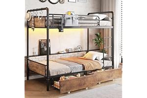 Jocoevol Metal LED Bunk Bed Twin Over Twin with 2 Storage Drawers, USB Charging Station, Industrial Bunkbeds Heavy Duty Bed with Safety Guardrail and Ladder, No Box Spring Needed, Vintage Brown