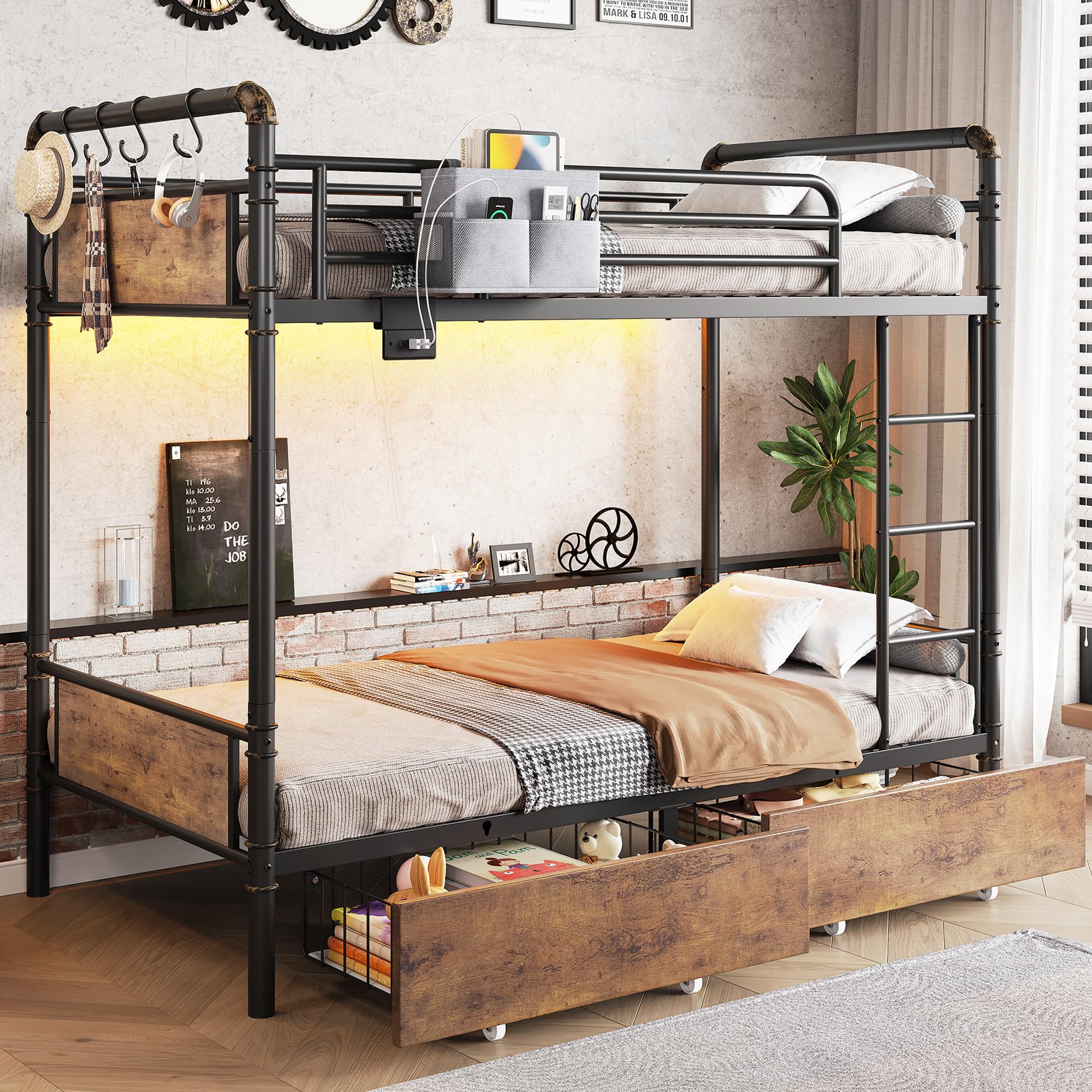 Photo 1 of *** BOX 1 OF POSSIBLY 3/MISSING ASSEMBLY PIECES*** Jocoevol Metal LED Bunk Bed Twin Over Twin with 2 Storage Drawers, USB Charging Station, Industrial Bunkbeds Heavy Duty Bed with Safety Guardrail and Ladder, No Box Spring Needed, Vintage Brown