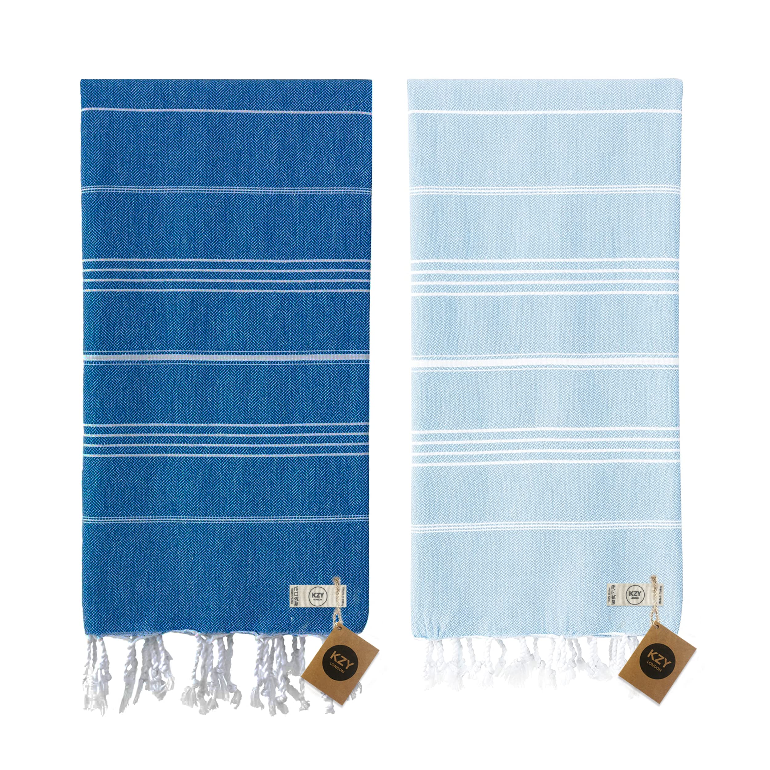 KZY LONDON Beach Towel 2 Pack Large Turkish Beach Towels for Camping, Swimming, Gym - Quick Dry, Absorbent, Lightweight,%100 Cotton 90x180cm Hammam Towels for Adults (2 Set- Blue & Light Blue)