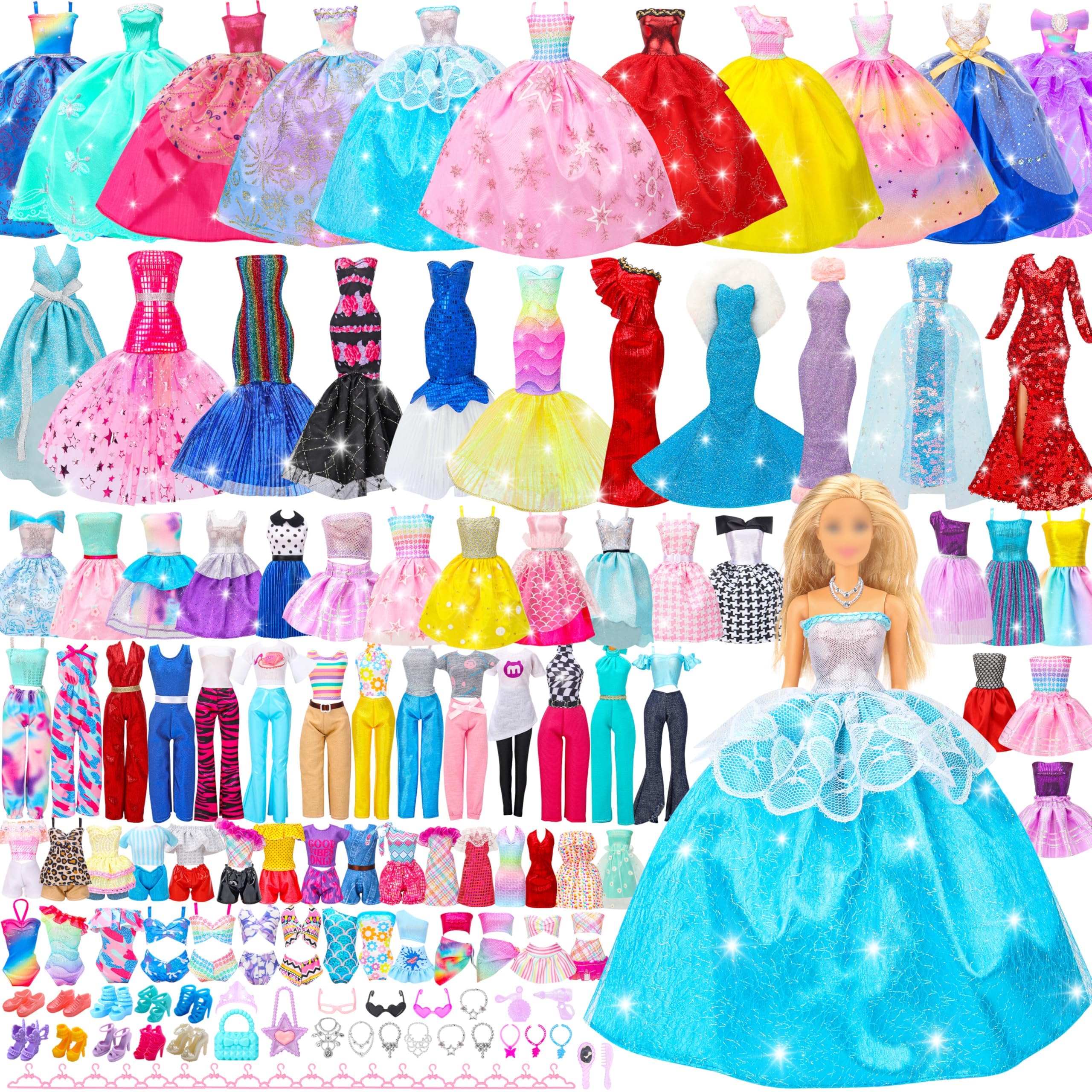 Doll Clothes Gift Set for 11.5 inch Doll and Barbie (4 Wedding Gowns, 2 Evening Dresses, 8 Fashion Dresses, 6 Casual Outfits, 2 Swimsuits, 10 Shoes, 20 Accessories, 18 Hangers, 70, Piece)