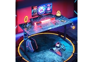 Bestier Gaming Desk with LED Lights, 42 inch Computer Desk with Monitor Stand Gamer Workstation with Cup Holder & Headset Hooks, Modern Simple Style Desk for Home Office, Black Marble