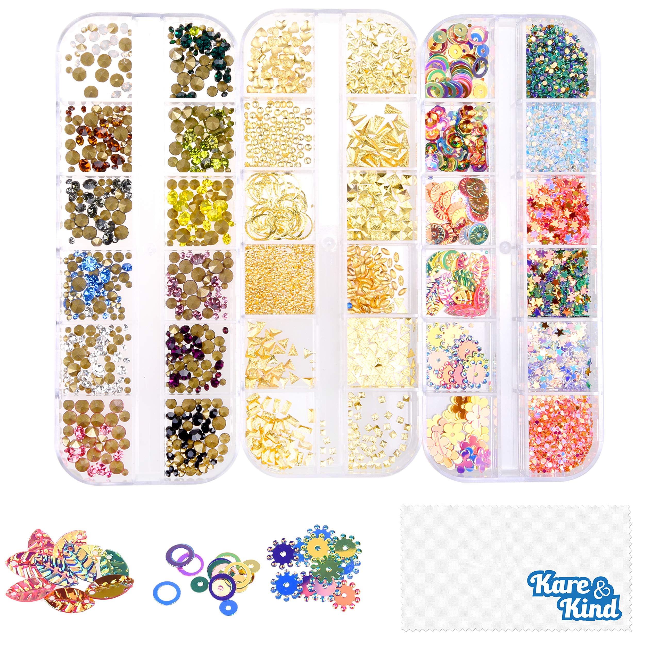 Kare & Kind 3D Nail Art Decoration Kit - Crystals, Gems, Rhinestones, Jewels, Studs - Metallic Gold, Colorful, Shiny Rivets - Nail Art Accessories Decals, DIY, Home, Salon - Popular Designs and Shapes