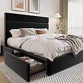 Allewie Modern Full Size Platform Bed Frame with 4 Storage Drawers and Velvet Upholstered Headboard, Wooden Slats Support, Upholstered Mattress Foundation/No Box Spring Needed/Easy Assembly, Black