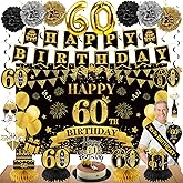 Eucutur 42PCS 60th Birthday Decoration Kit for Men Women, Black Gold Happy 60th Bday Banner Balloons Honeycomb Centerpiece Swirl Paper Pompoms Party Supplies, 60 Bday Sash Table Cake Topper Swirls Set