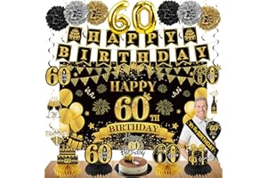 Eucutur 42PCS 60th Birthday Decoration Kit for Men Women, Black Gold Happy 60th Bday Banner Balloons Honeycomb Centerpiece Swirl Paper Pompoms Party Supplies, 60 Bday Sash Table Cake Topper Swirls Set