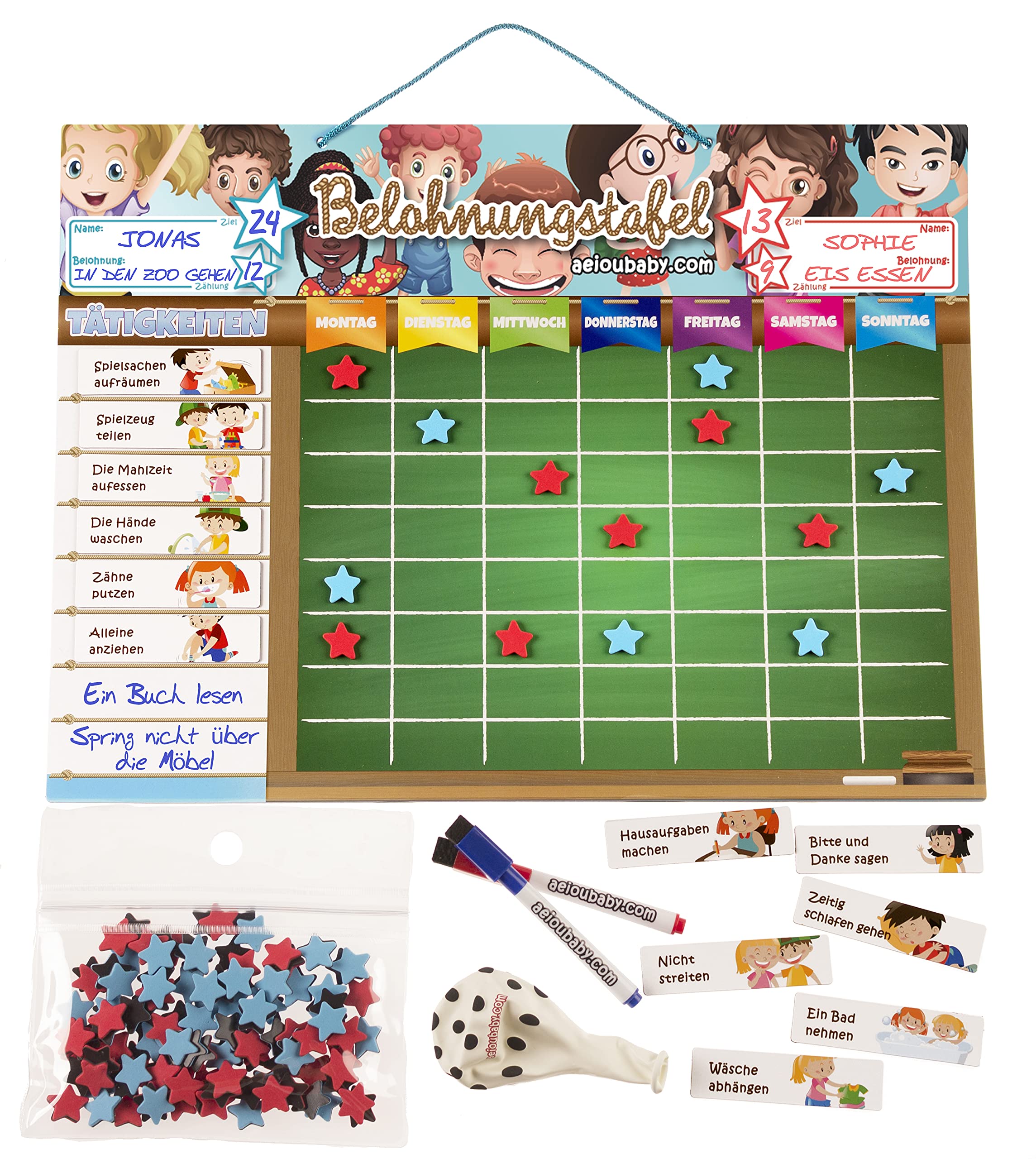 REWARD CHART Magnetic Large | Star Chart for wall or refrigerator, 17x12.6 in.| 22 activities, 2 markers and 1 balloon | Presentation box perfect as a gift for children and birthdays (German)