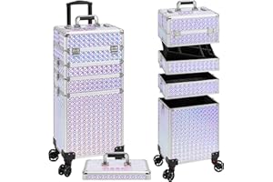 AROUS 5 in 1 Rolling Makeup Train Case Cosmetology Case on Wheels Large Cosmetic Organizer Travel Cart for Hairstylist Artist Nail Beauty Salon Barber,Silver