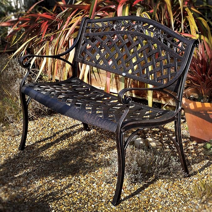 Lazy Susan Rose Metal Garden Bench, 2Seater in Antique Bronze , Weatherproof Aluminium Garden