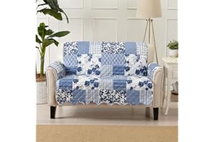 Great Bay Home Reversible Patchwork Loveseat Cover - Washable Slipcover Furniture Protector with Elastic Straps - Couch Cover for Dogs, Kids, and Pets - Box-Stitched Detail (Loveseat, Navy)
