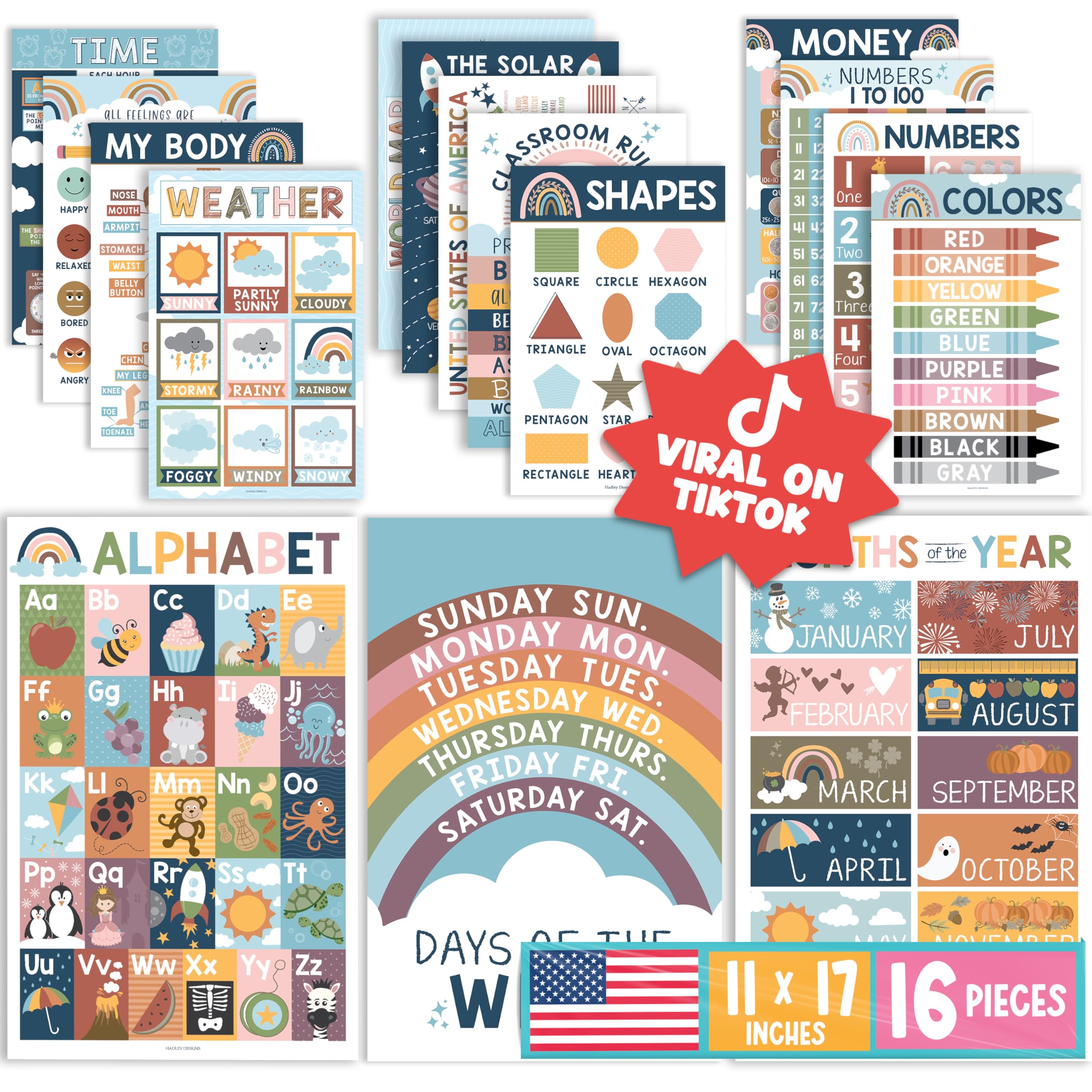 Hadley Designs 16 Boho Kids Educational Posters - Teacher Classroom Decor for Elementary, Pre K Learning for Toddlers 1-3