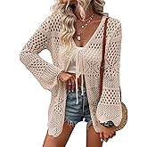 Women Crochet Cardigan Lightweight Tie Front Hollow Out Long Sleeves Summer Knit Cover Cardigans