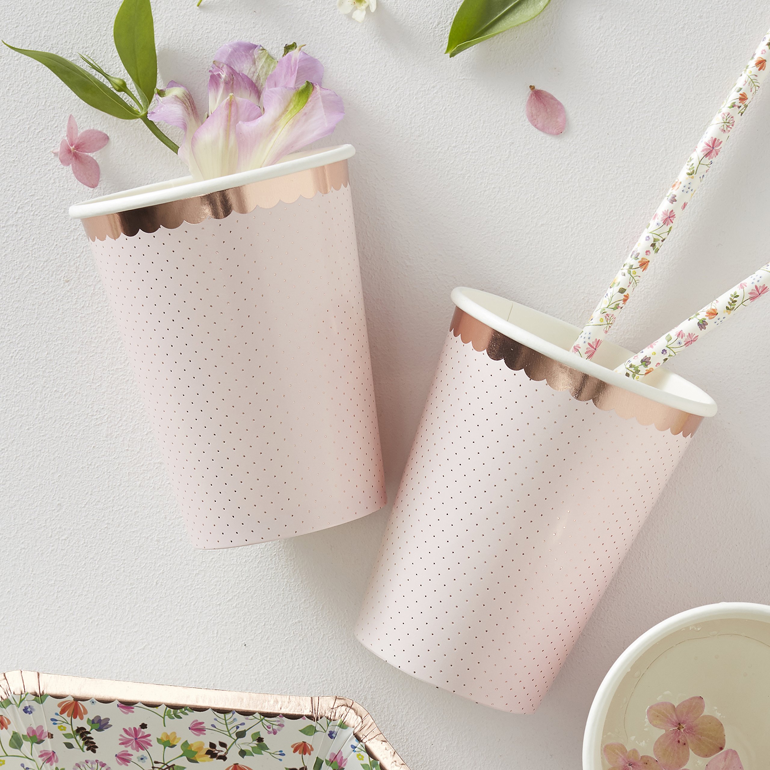 Ginger Ray Pink And Rose Gold Party Foiled Paper Party Cups - 8 Pack - Ditsy Floral