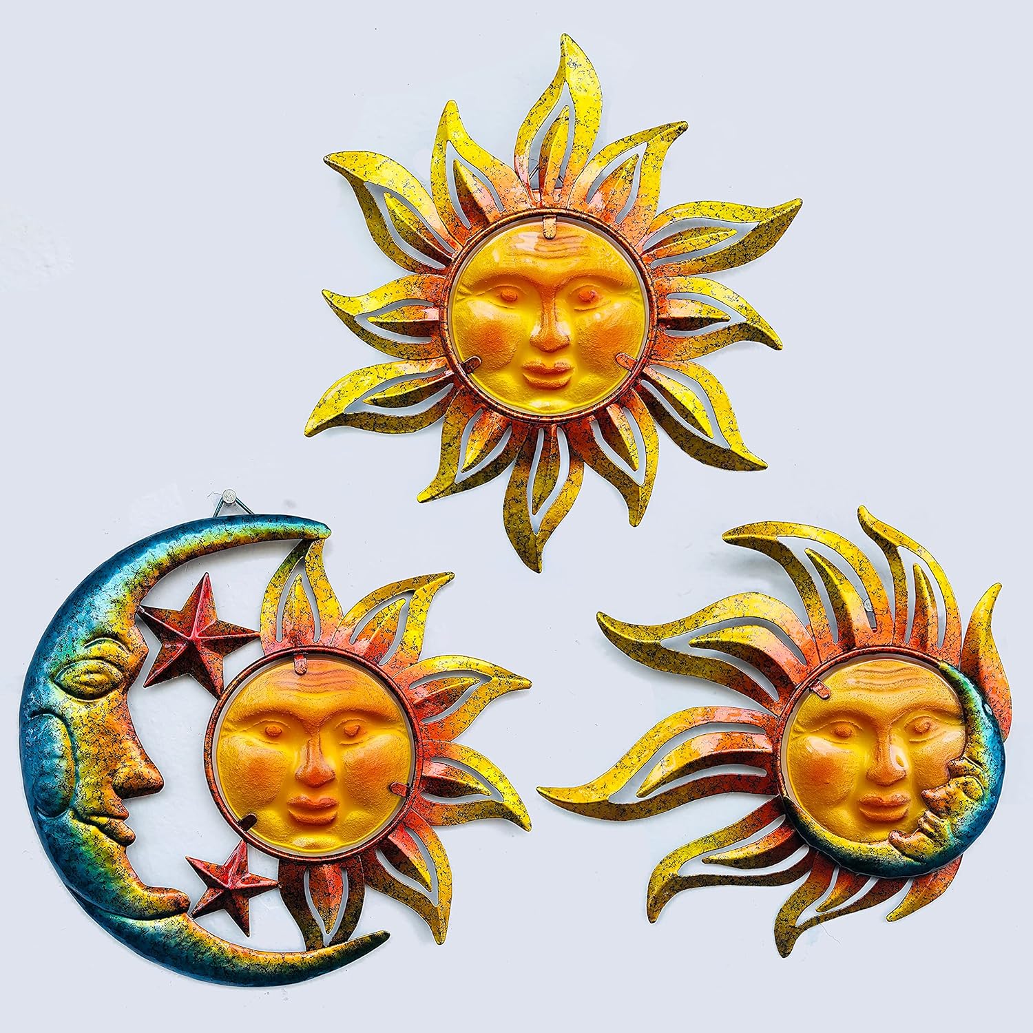 Plaques & Wall Art - BVLFOOK Sun Face Metal Wall Art Decor Outdoor Indoor, Sun Moon Star, Metal & Glass Hanging Wall Patio Decorations for Outdoor Living Room Bedroom Garden Porch Fence Balcony, Set of 3, 9 inch Large.
