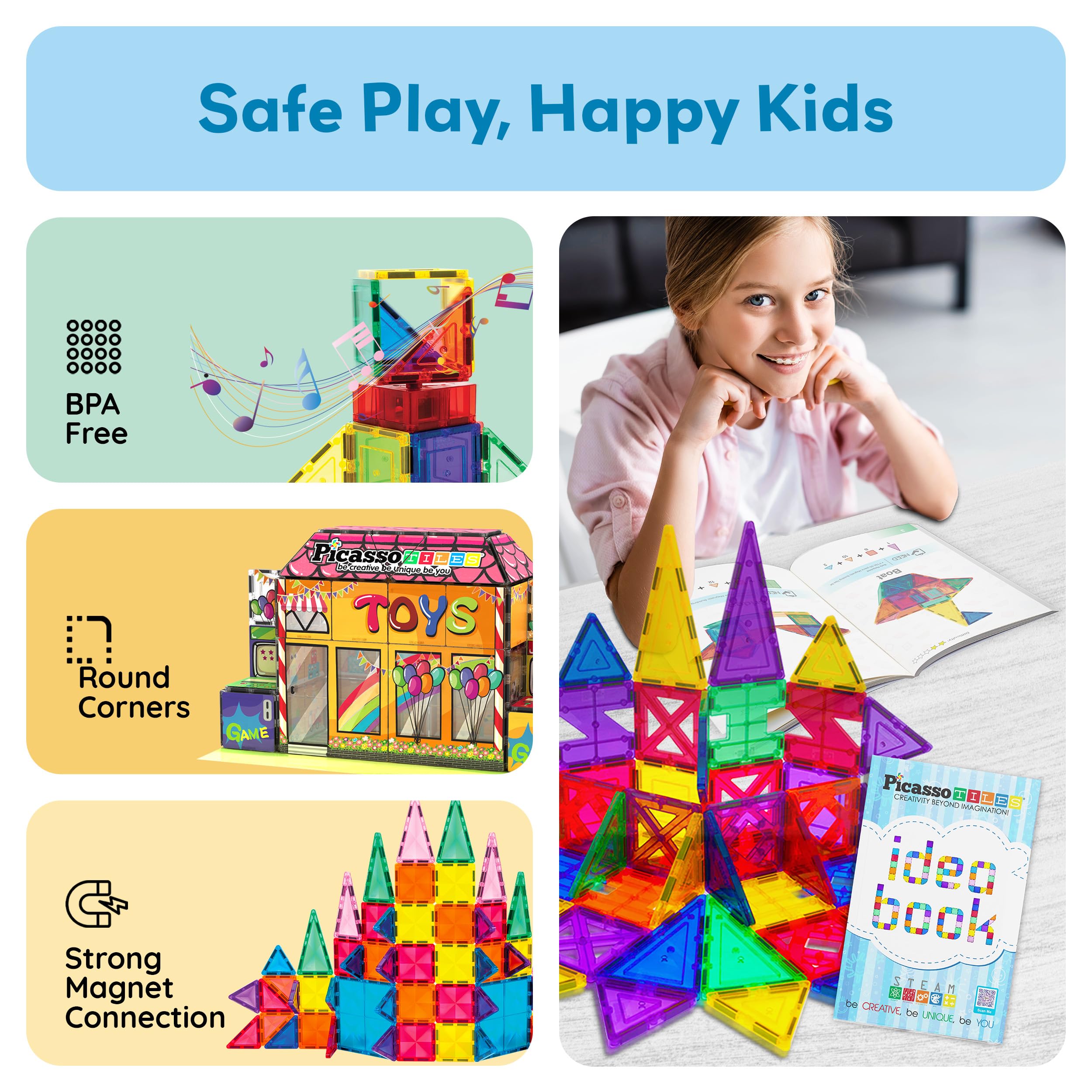 PicassoTiles Magnetic Tile Building Idea Book 230 Pages Illustrated Design Guide with 300 Creative Builds for Kids STEM Learning Creativity and Brain Development Educational Toy Ages 3 Plus PTIDEABOOK