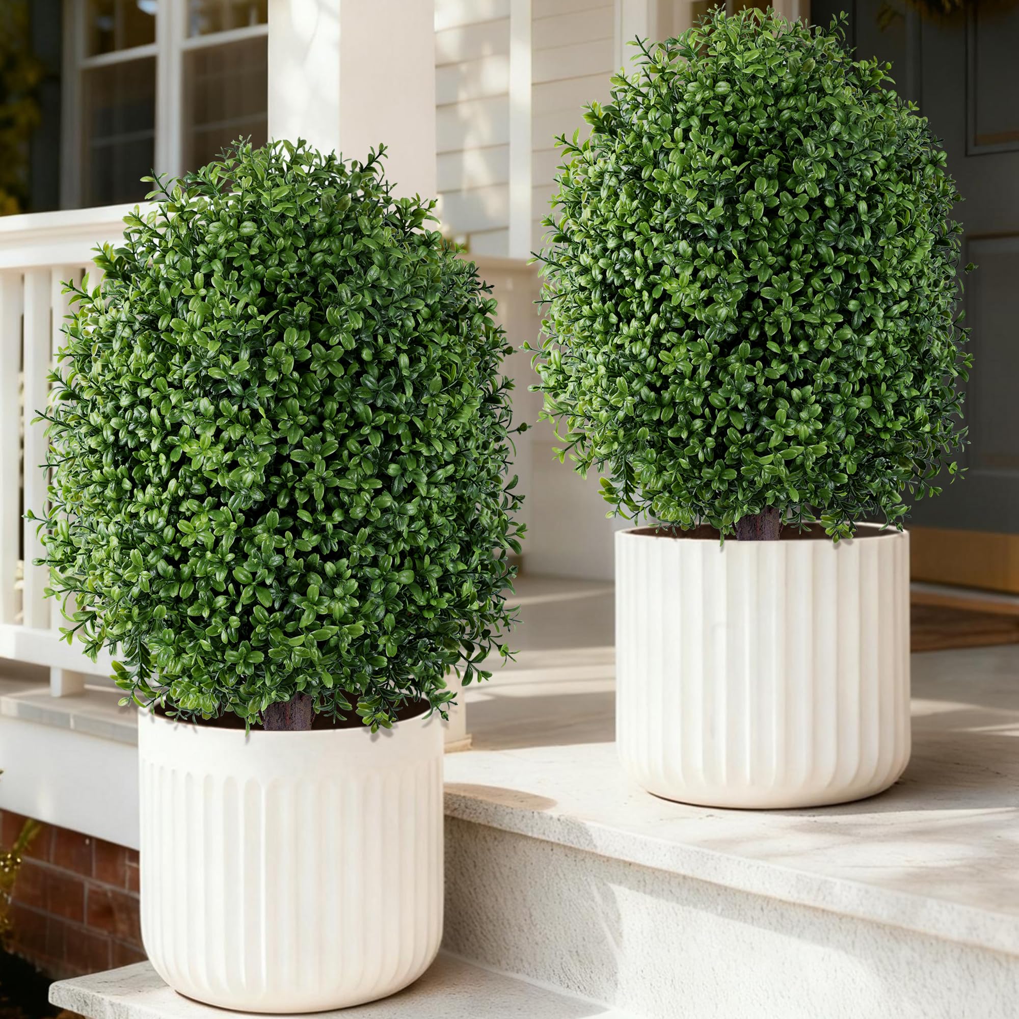 Photo 1 of INSPRING 27'' Artificial Boxwood Topiary Trees Outdoor Fake Bushes Plants UV Resistant Evergreen Shrubs with Metal Ground Spike for Porch Patio Garden, 2 Pack