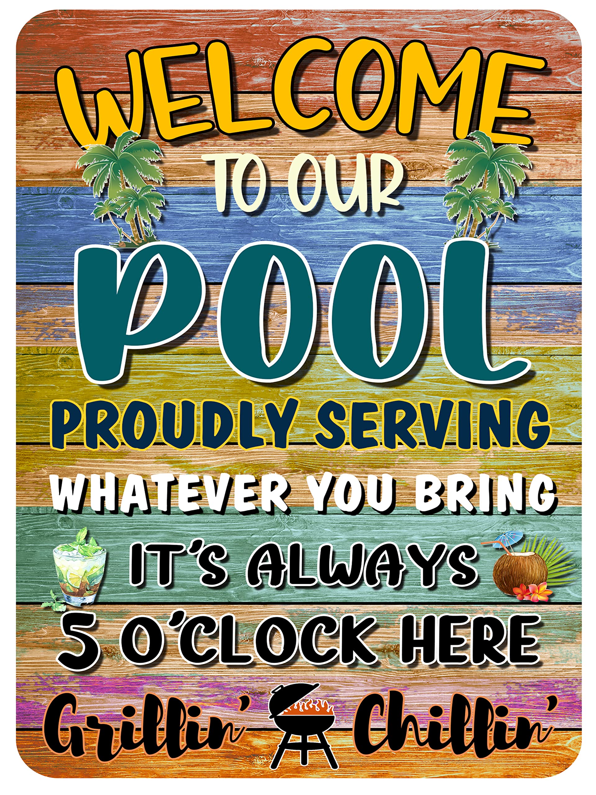 Photo 1 of Pool Rules Signs Outdoor Pool Decor Swimming Pool Decorations Accessories 12x16 Inches Metal Sign Decor It's Always 5:00 Here