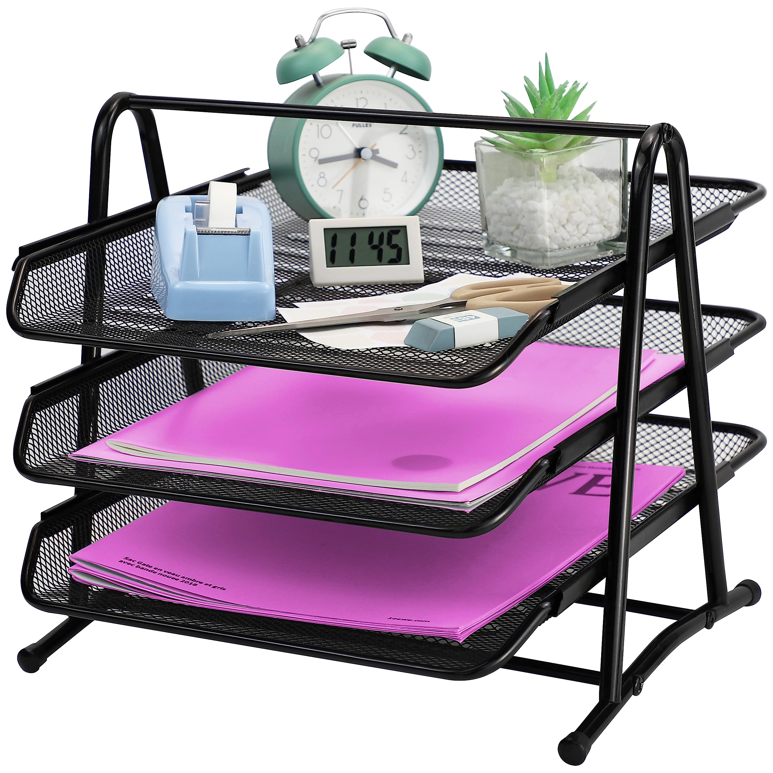 3 Tier Mesh Letter Tray Office Filing Trays Holder Desk Organiser Stacking Supports Document Filing Trays Paper Holder，Metal File Organizer Tray for School Home And Office (3 Tier)