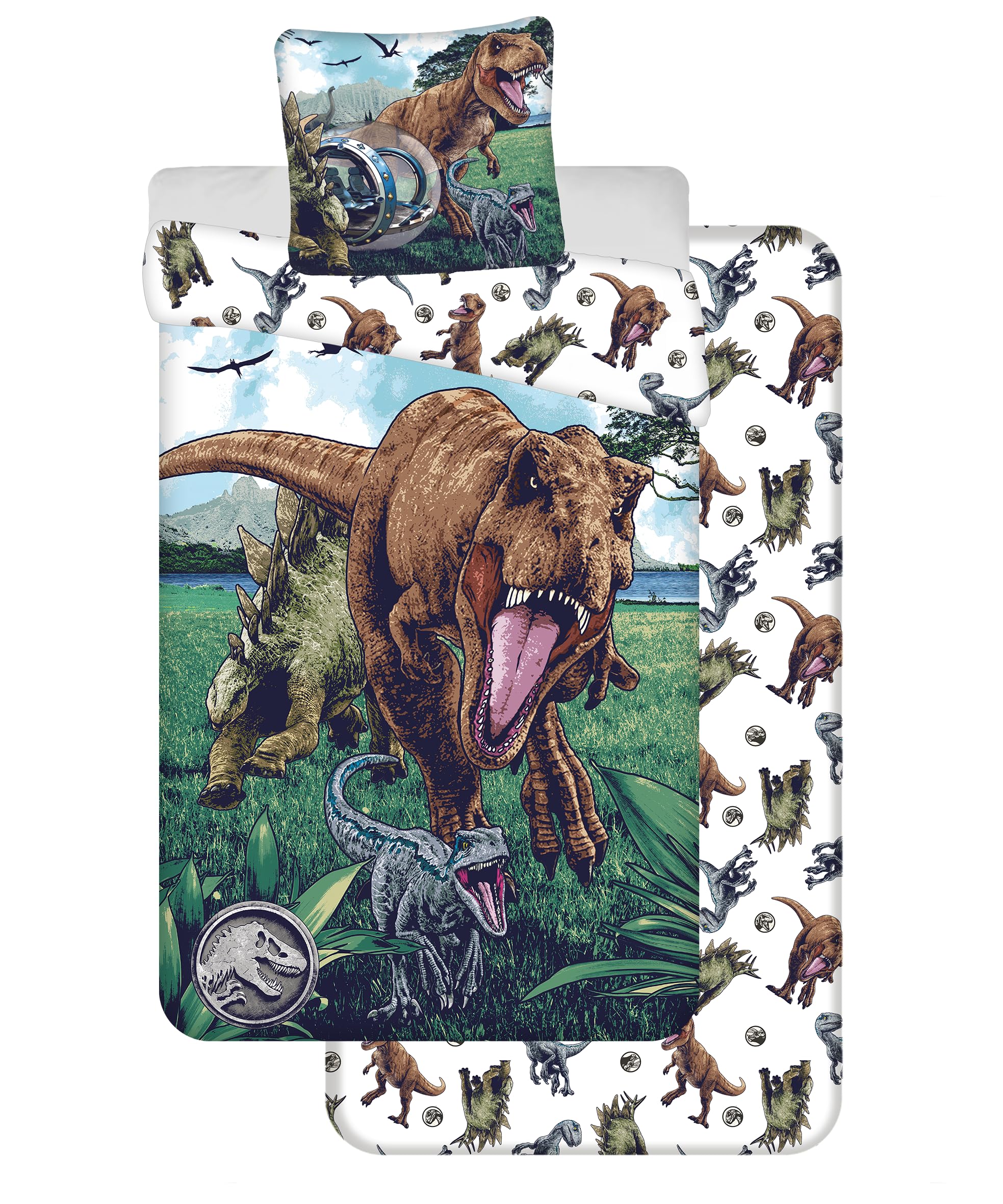 Jerry Fabrics Duvet Cover Set, 100% Cotton, Jurassic World 3-Piece Bedding, S, Multicolored