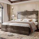Jocisland King Bed Frame Farmhouse 51" Headboard＆Reading Lights, Ash Grey | Extra Tall headboard，Tall Stable Footboard，360&deg; adjustable Lights，Noise-Free Sleep，No Box Spring Needed，Easy Assembly 45mins