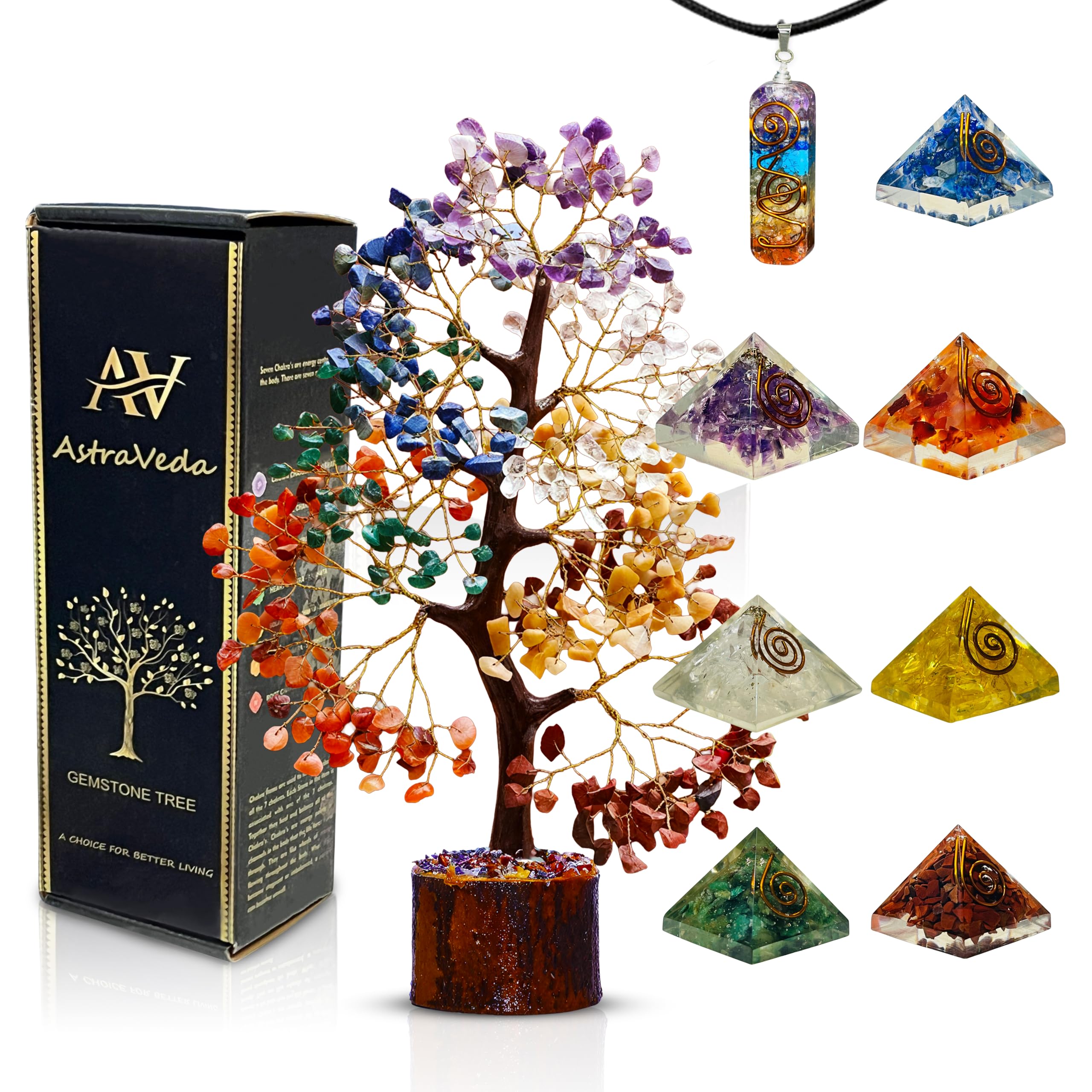 AstraVeda 7 Chakra Crystal Tree Gift Set with Pendant & 7 Mini Chakra Pyramids – Healing Gemstone Tree for Energy Balance, Meditation, Spiritual & Crystal Gifts