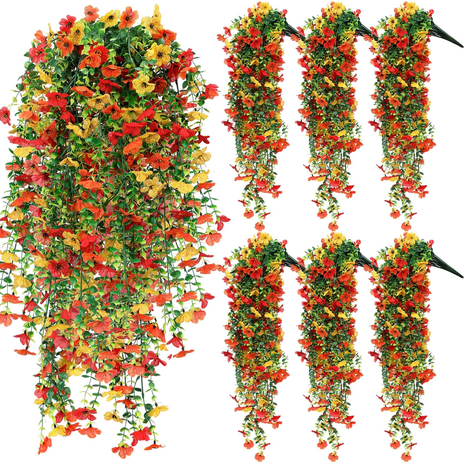 Photo 1 of FineCheer 6 Pcs Artificial Fall Hanging Flowers Outdoor Silk Mum Plants Autumn Decor Faux Violet with Eucalyptus Realistic UV Resistant Trailing Vine Thanksgiving Porch Yard(Bright Color,Violet)