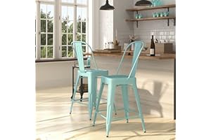 Merrick Lane Stella 24" Metal Indoor-Outdoor Counter Stool with Vertical Slat Back and Integrated Footrest in Mint Green