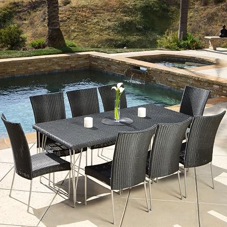 Amazon Com 9 Piece Outdoor Pe Wicker Patio Furniture Dining Set Weather Resistant Iron Frame Construction Rectangular Table Chairs Clearance Seats For 8 Black Finish Free Replacement Guarantee Garden Outdoor