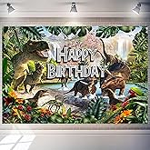 Art_Angels Dinosaur Birthday Decorations Backdrop 7 x 5 ft Tropical Jungle Forest Wild Animal Dino Background Kids Boy Girls Happy Birthday Banner Party Supplies Polyester
