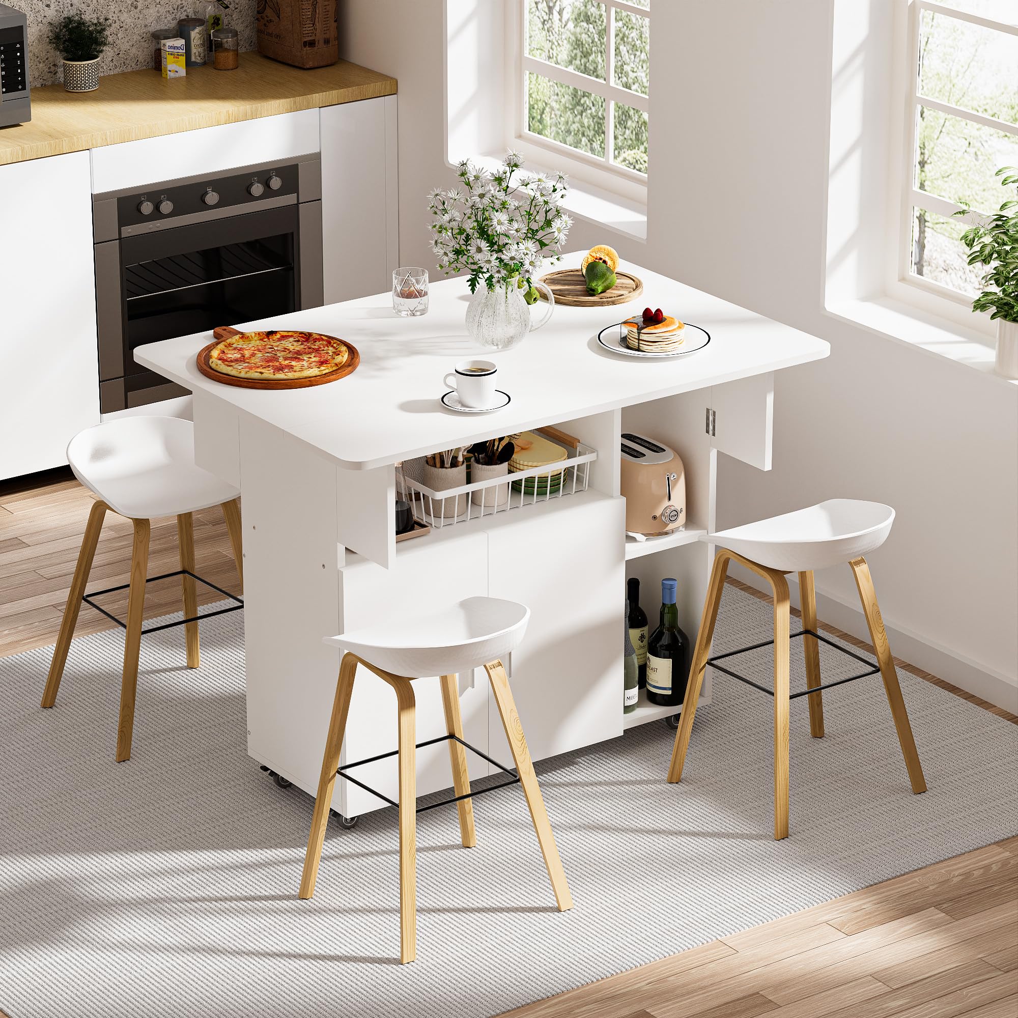 Ztexkee Mobiler Klapptisch Klappbarer Esstisch auf Rädern Klapptisch mit 1 großen Schrank und 3 offenen Fach Sideboard Mobiler Esstisch für kleine Räume Esszimmer Küche 100 x 70 x 79 cm Weiß