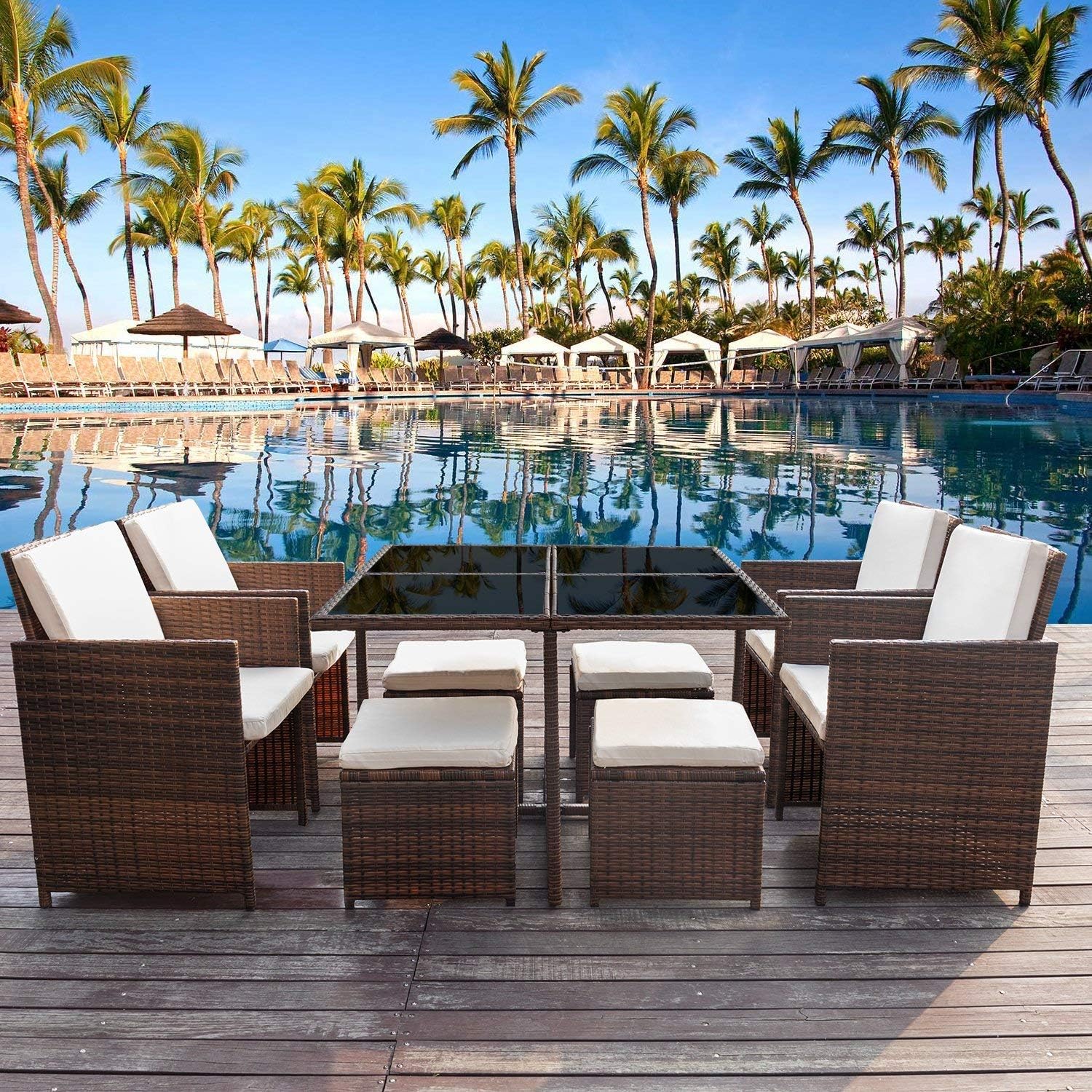 Devoko 9 Pieces Patio Dining Sets Outdoor Space Saving Rattan Chairs with Glass Table Patio Furniture Sets Cushioned Seating and Back Sectional Conversation Set (Beige): Garden & Outdoor