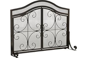 Plow & Hearth Metal Fireplace Screen Crest Black | 44" W x 33" H | Dual Magnetic Hinged Doors | Spark Guard Cover | Stand Alone Wrought Iron Panel Fire Place Cover