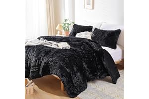 JANZAA Faux Fur Comforter,Fuzzy Queen Comforter Set,Plush Black Comforter Set 3 Pieces Shaggy Comforter Set,Plush & Velvet Flannel Comforter (1 Queen Comforter Set+ 2 Pillow Cases)