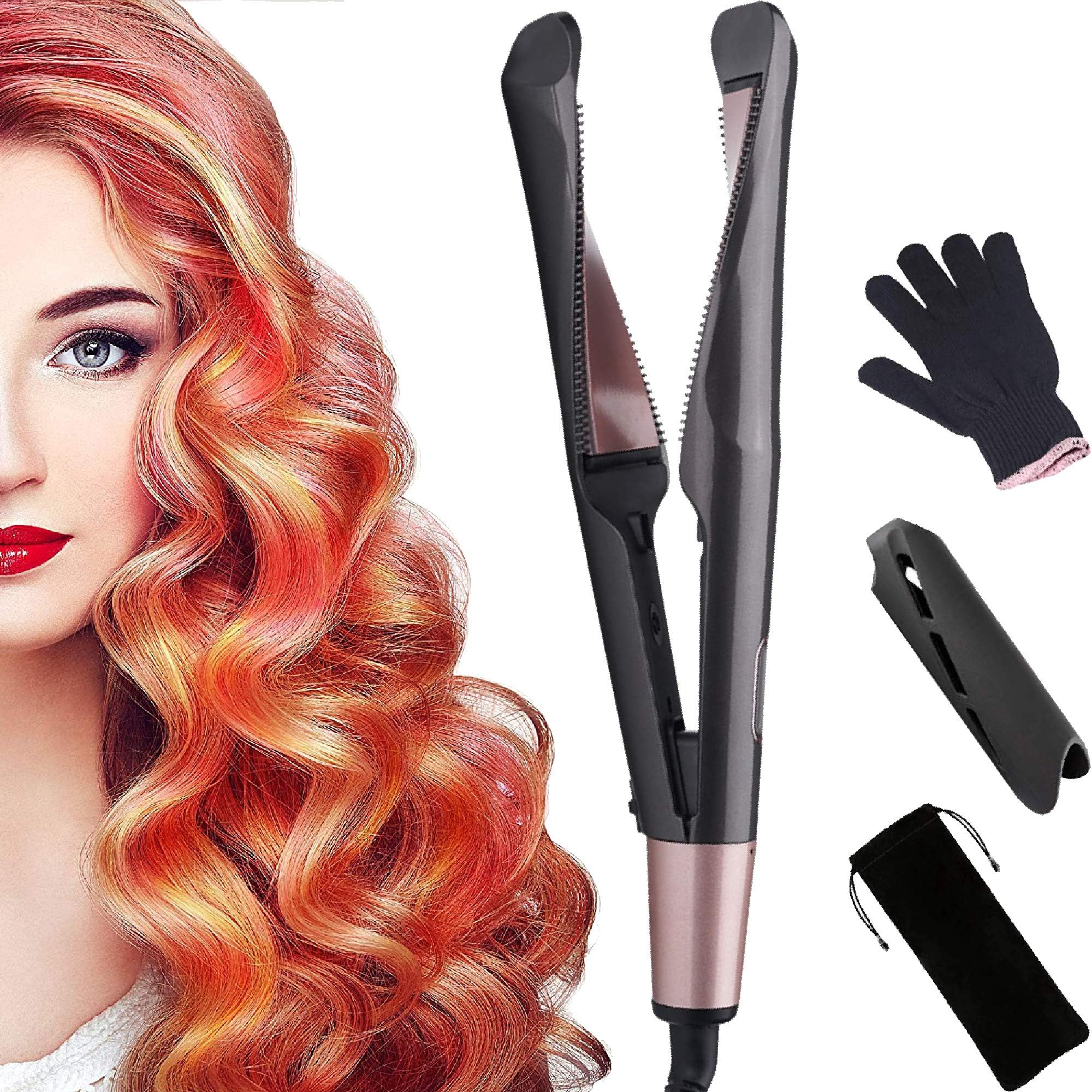 Hair Straightener, Curling Iron straightening Iron 2 in 1 Hair Curler Straightener Tourmaline Ceramic Hair Types Tools with LED Digital Display Adjustable Temperature (Pink)