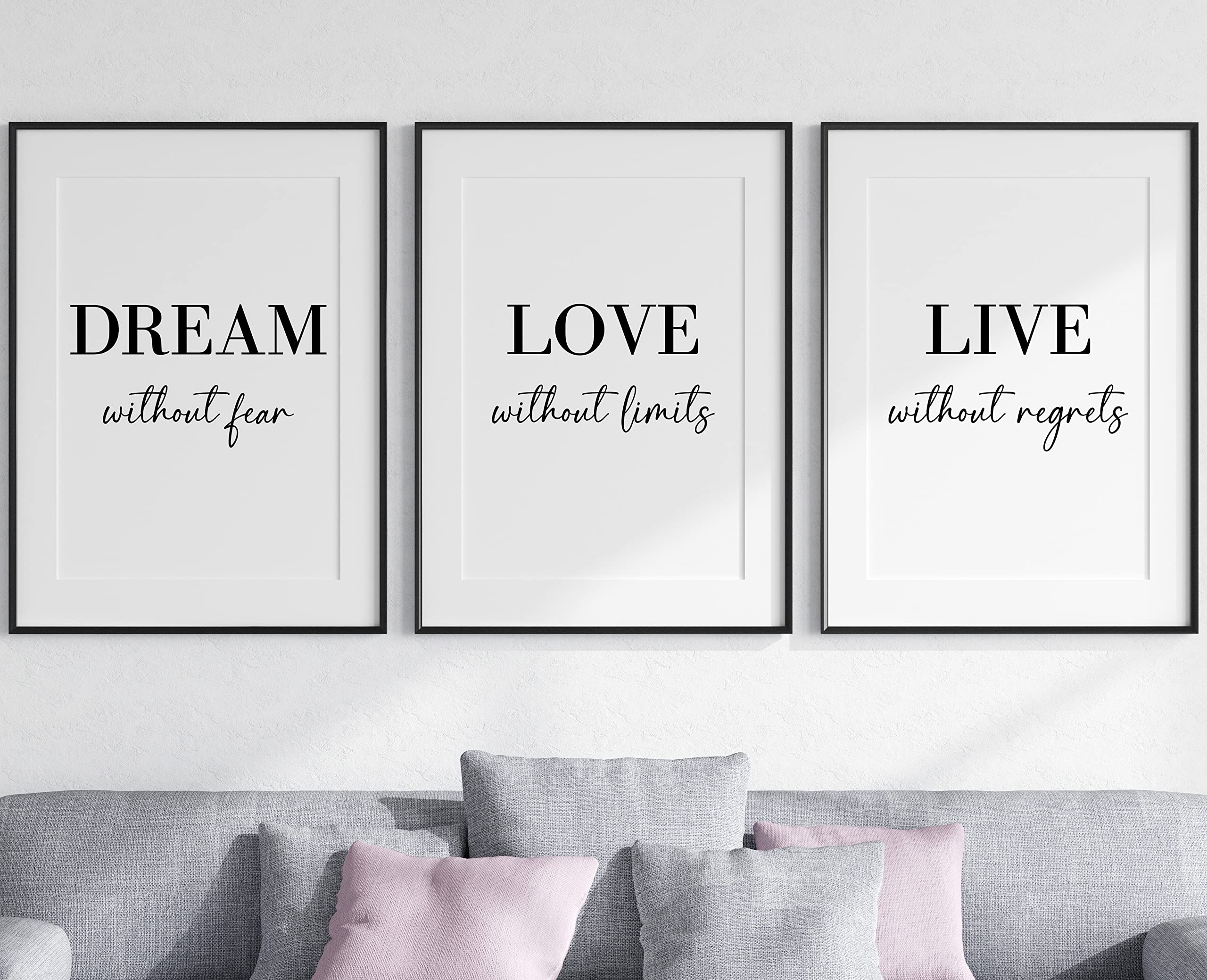 Dream Love Live Quotes set of 3 Unframed Prints, Home Decor Wall Art, Dream Without Fear, Love Without Limits, Live Without Regrets (A3) — image 1