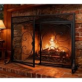 Kingson Flat Fireplace Screen with Hinged Doors Handcrafted Wrought Iron Classical Scroll Durable Metal Mesh Decorative Free Standing Fireplace Spark Guard- Black