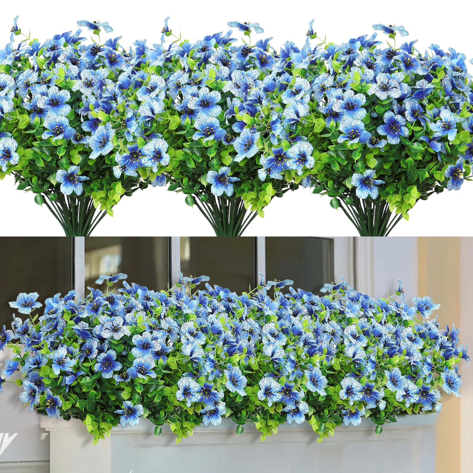 LOMOHOO 8 Bundles Artificial Flowers Outdoor UV Resistant Fake Flowers No Fade Faux Plants Garden Porch Window Box Decorating (Blue)