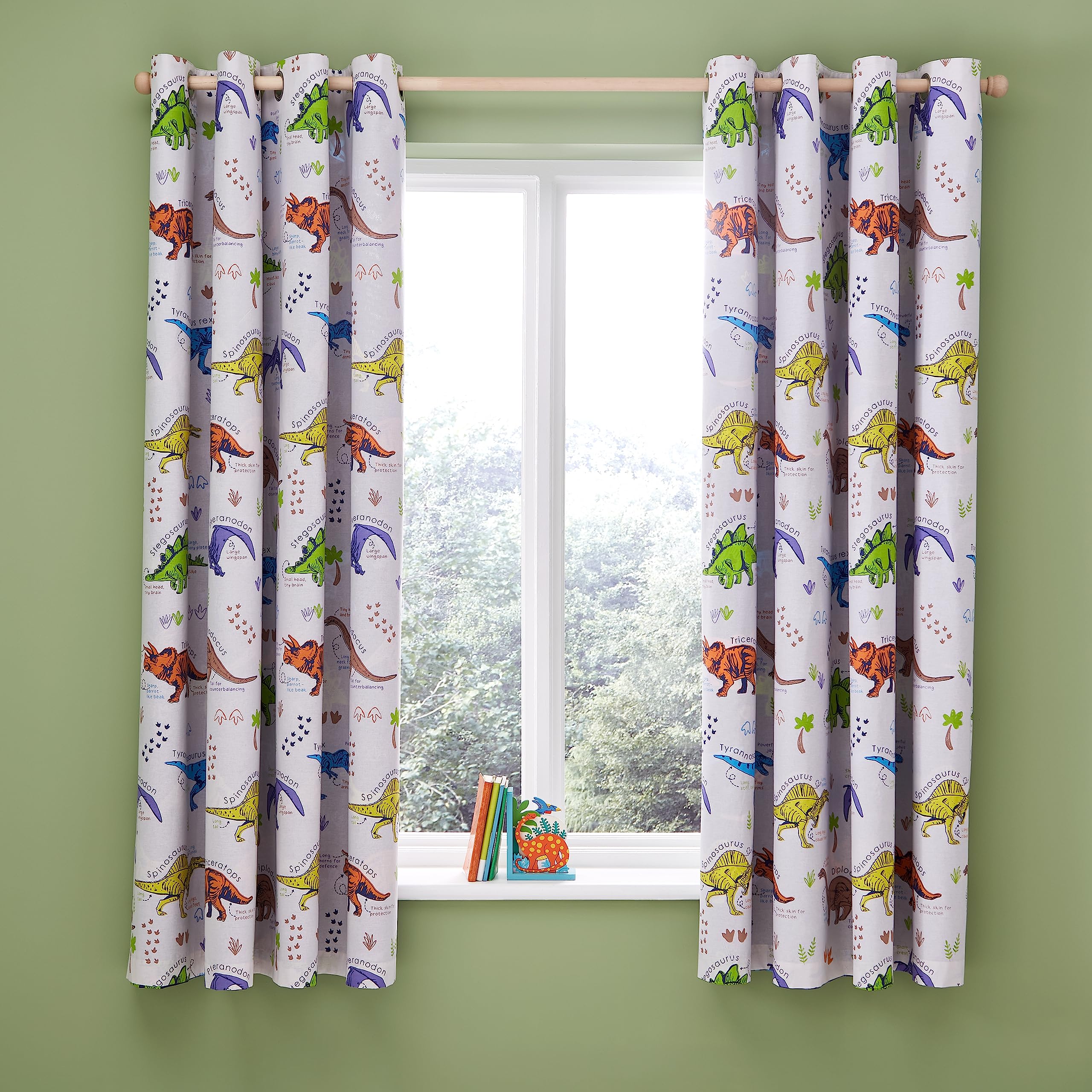 Catherine Lansfield Prehistoric Dinosaurs 66x72 Inch Fully Reversible Two Curtain Panels Natural/Blue