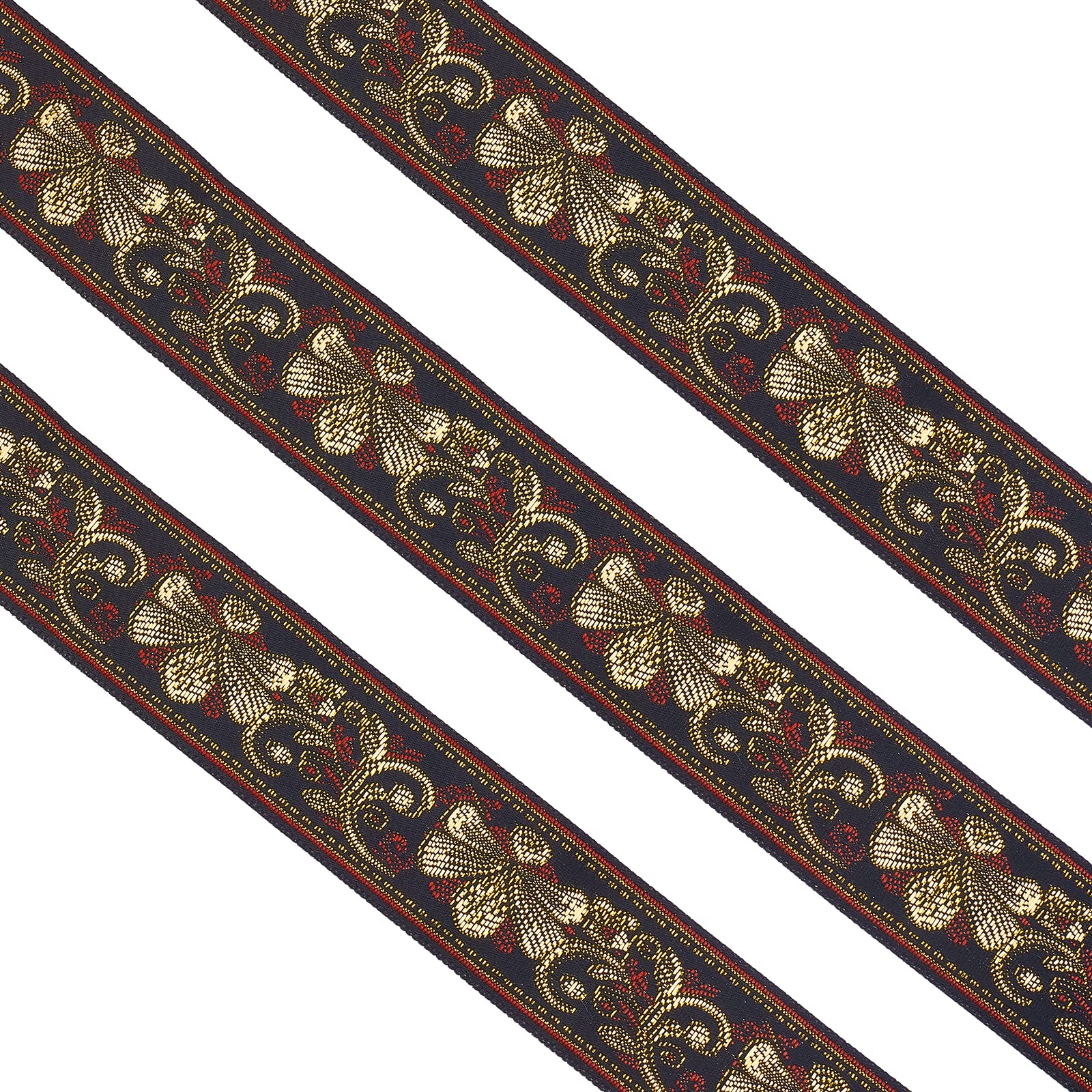FINGERINSPIRE 10 Yard 33mm Vintage Jacquard Ribbon Black Jacquard Trim with Gold & Red Embroidery Bee & Floral Webbing Ribbon Emobridered Woven Trim for DIY Clothing Accessories Embellishment