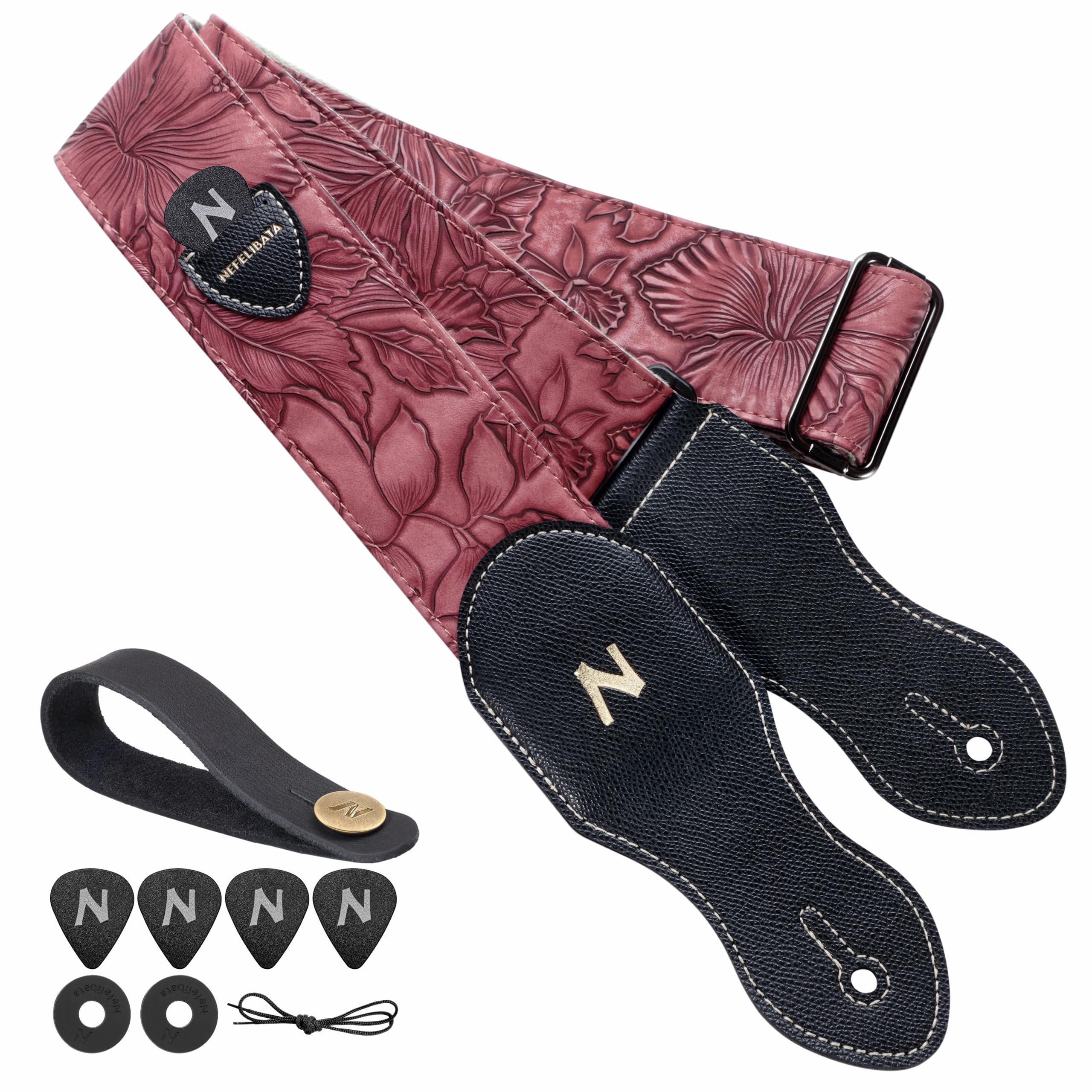 Nefelibata Guitar Strap with Pick Pocket,2.3 inch Porter Style Vegan Leather Guitar Straps, 60s Western Vintage,Guitar Picks,Strap Button and Strap Locks (Red)