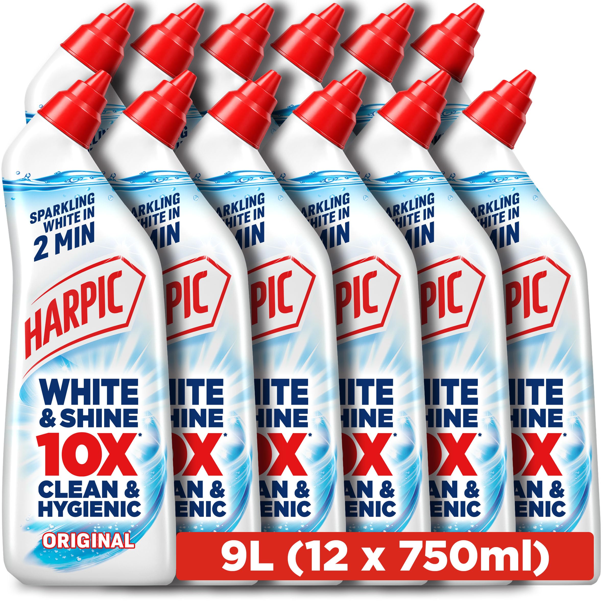 Harpic White & Shine, Bleach, Toilet Gel, Original, 750ml (12 x 750ml, Total 9.0L), Toilet Cleaner, Kills 99.9% of Bacteria