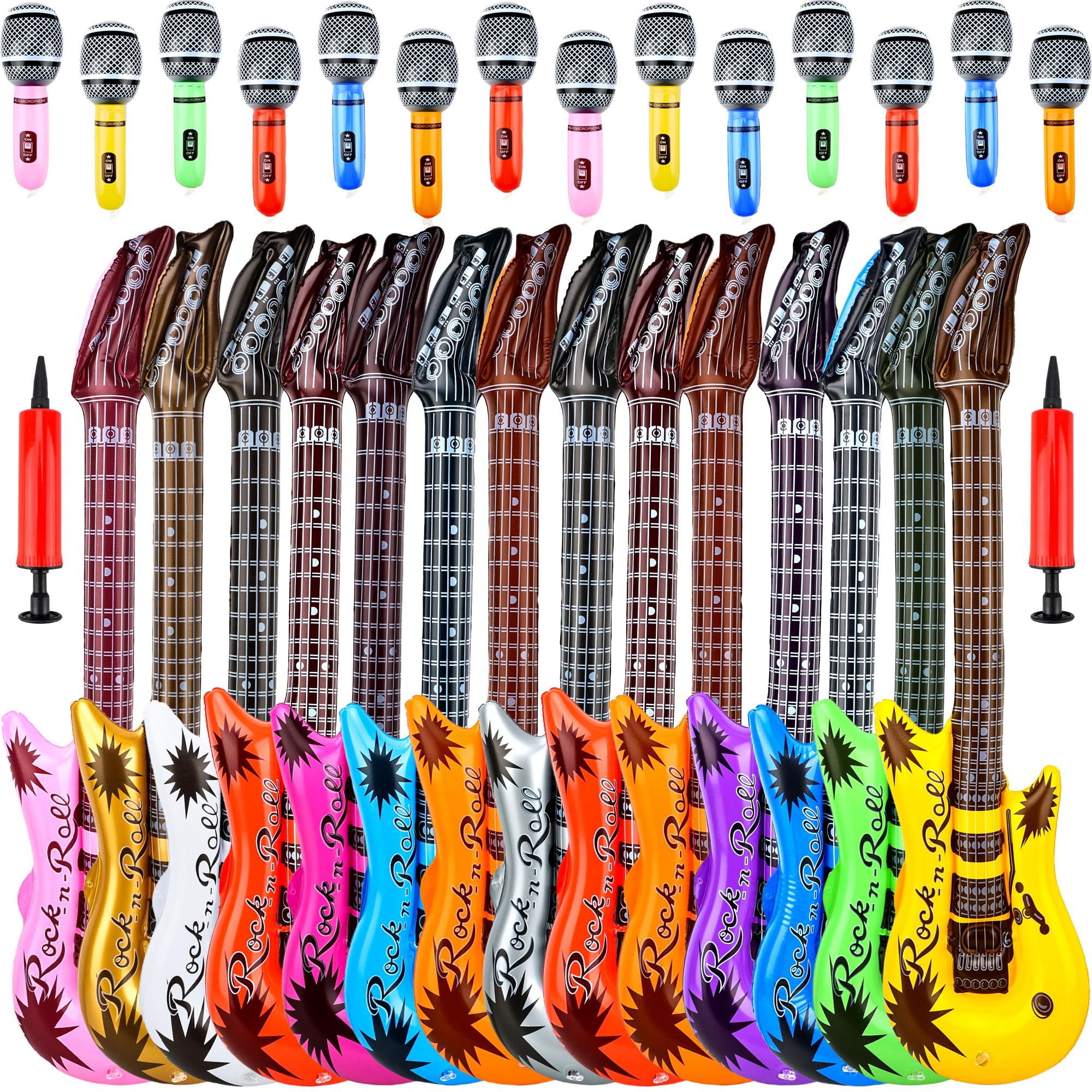 30 Pack Inflatable Rock Star Toy Set include 14 Pcs Inflatable Guitar Bulks 14 Pcs Blow up Microphone and 2 Pcs Red Air Pump for 80s 90s Musical Party Favors