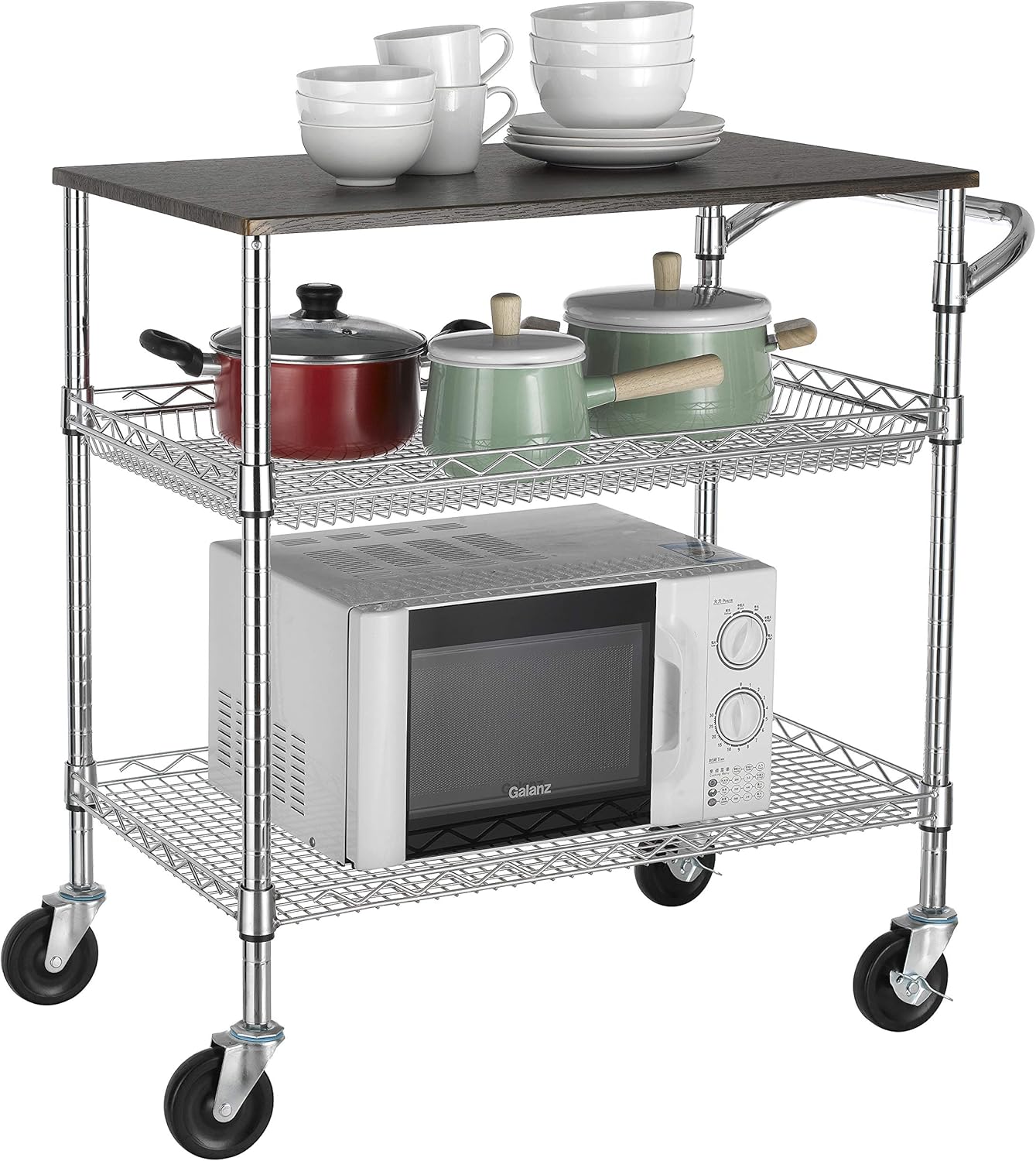 Finnhomy 3 Tier Heavy Duty Commercial Grade Utility Cart with Wood Top, Wire Rolling Cart with Handle Bar, Steel Service Cart with Wheels, Utility Shelf Food Storage Trolley, NSF Listed: Kitchen & Dining