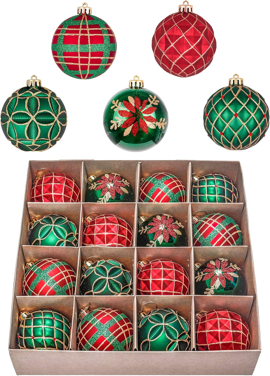 Ornaments - Valery Madelyn Christmas Ornaments Set, 16ct Red Green and Gold Shatterproof Christmas Tree Decorations Ball Ornaments Bulk, 3.15 Inches Traditional Country Hanging Ornaments for Xmas Trees Decor