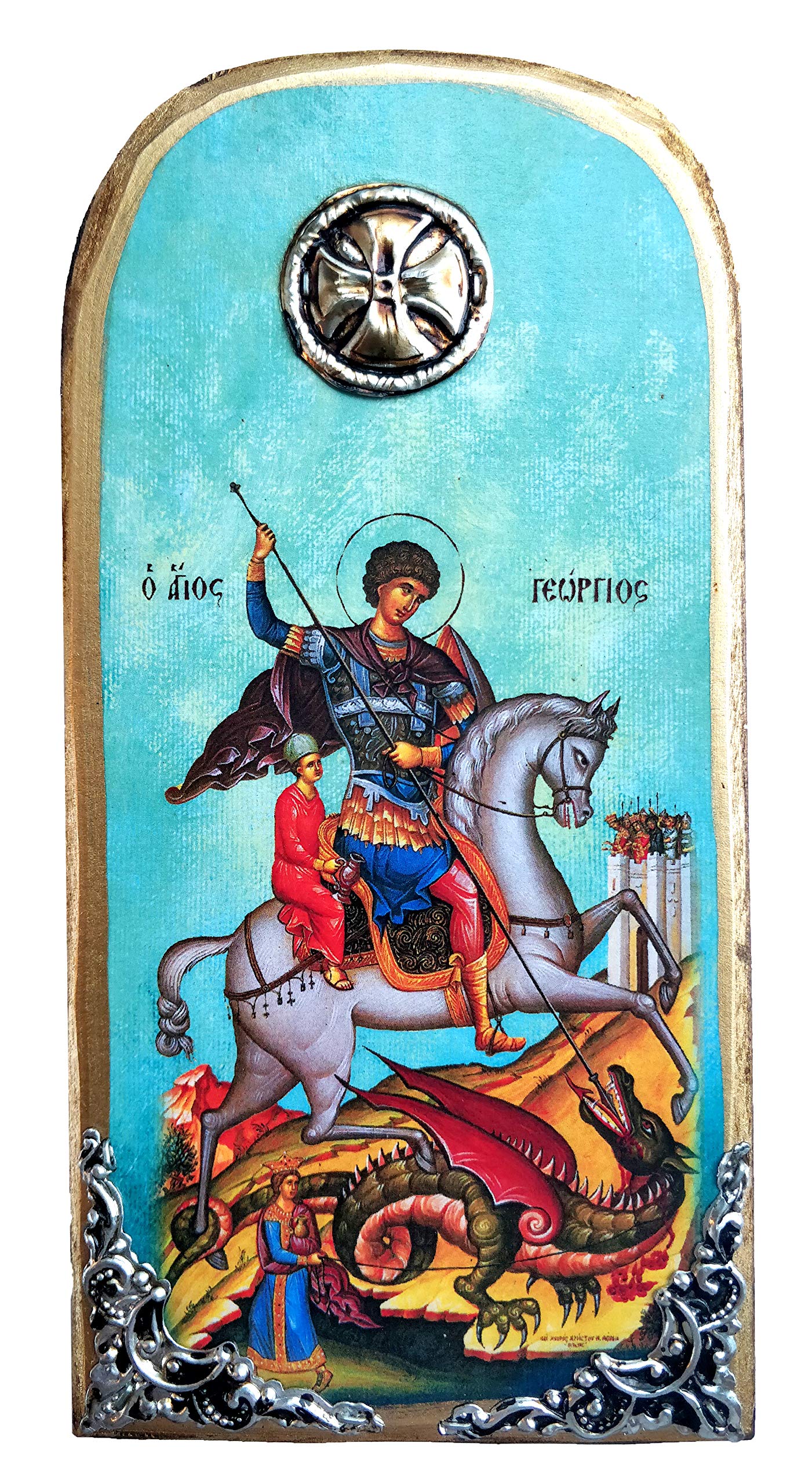 IconsGr Wooden Greek Christian Orthodox Wood Icon of Saint George Riding His Horse and Slaying the Beast / OP10
