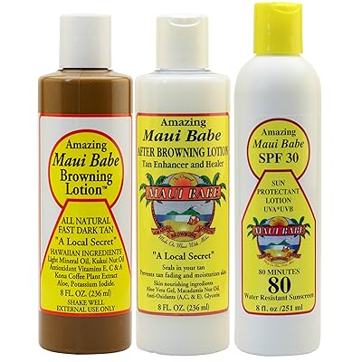 Maui Babe Variety Beach Pack (Browning Lotion 8 oz, After Browning Lotion 8 oz, and SPF 30 Sunblock 8 oz)