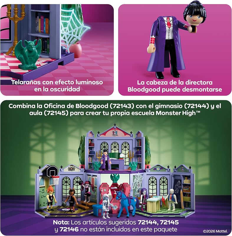 | Monster High™ | Despacho de Bloodgood | Set de Oficina con directora sin Cabeza, Escritorio, Reliquias y Telas de araña fosforescentes | para Fans a Partir de 5 años | 72143