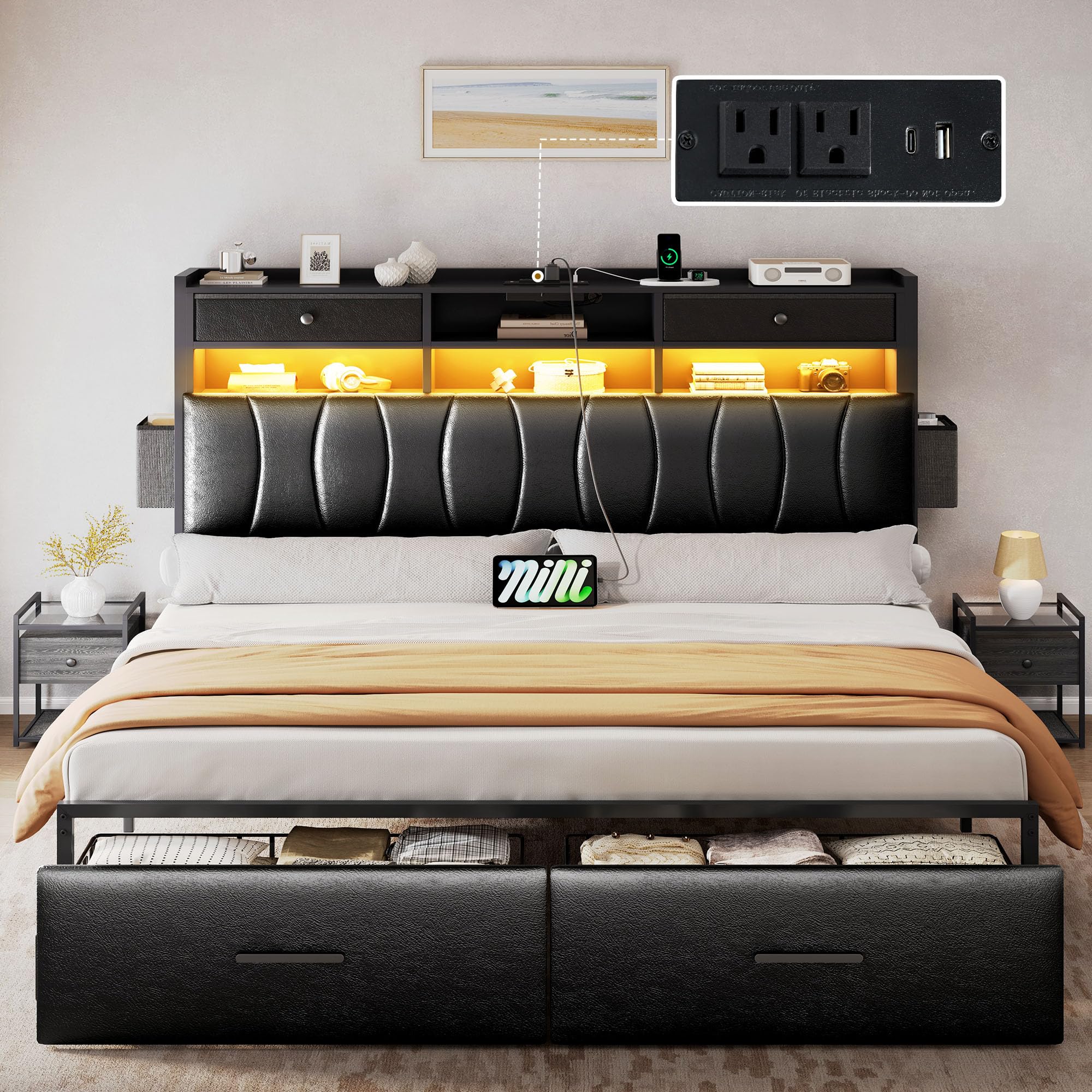 Photo 1 of YITAHOME King Size with 2 Storage Drawers and Charging Station, Upholstered Bed with Storage Headboard and LED Light, Heavy Duty Metal Frame Support, No Box Spring Needed, Noise Free, PU Leather Black