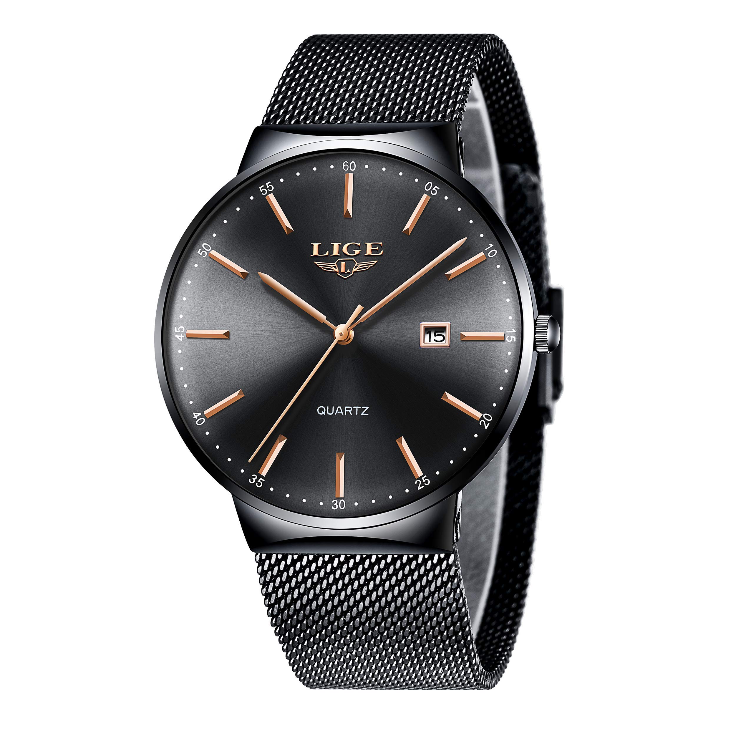 LIGE Mens Watches Waterproof Stainless Steel Fashion Simple Analog Quartz Calendar Black Dial Wrist Watch Black Silver