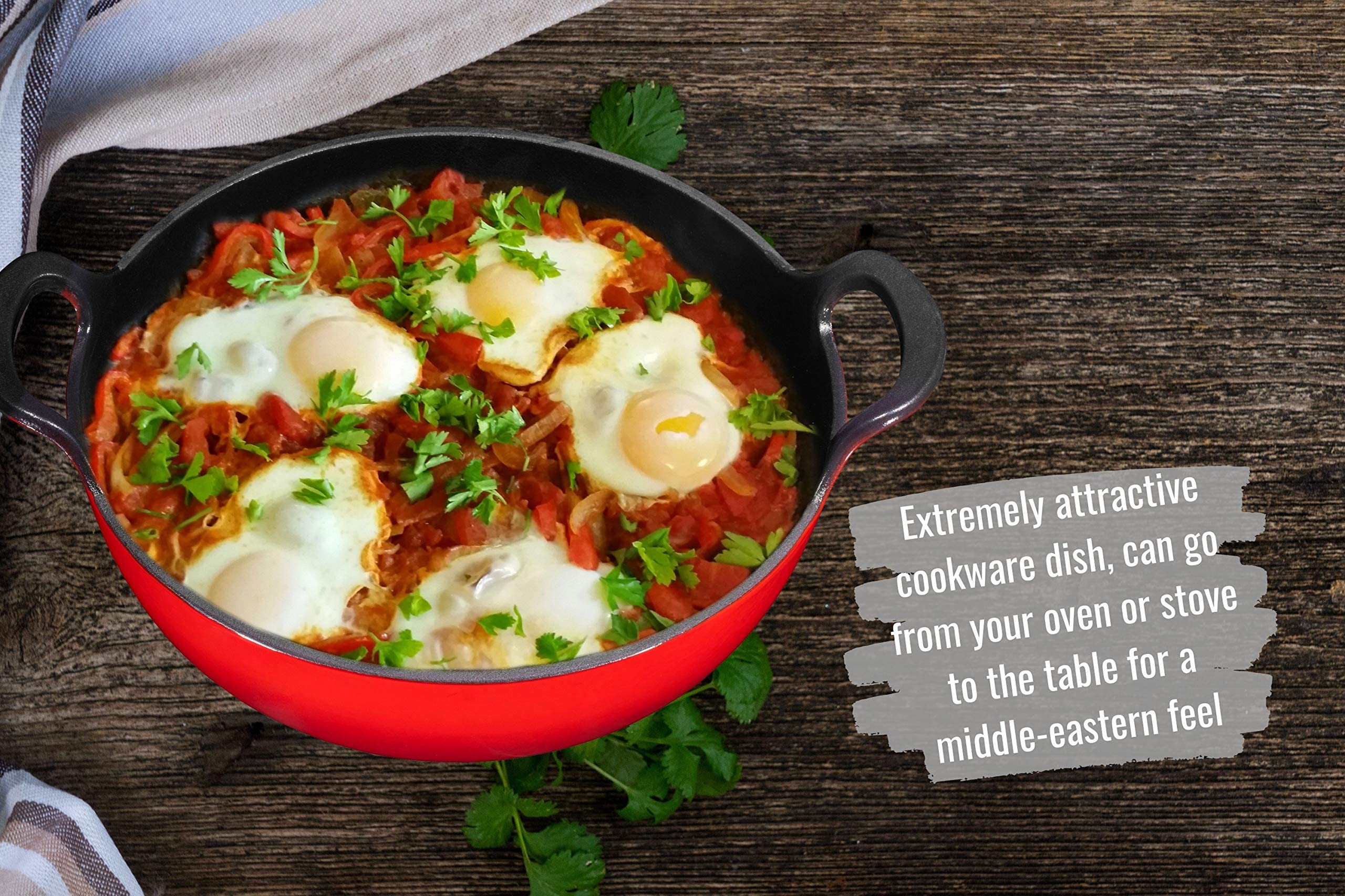 Bruntmor 3 Quart Red Enameled Cast Iron Wok, Cast Iron Wok, Pot Dish, Cast Iron Biryani Pot, 3qt Instant Pot Bakeware Sets, Stove and Oven Safe