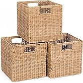 10.5 x 10.5 in Plastic Wicker Baskets for Cube Storage, Collapsible Square Wicker Storage Basket Set of 3, Rattan Storage Cube, Square Baskets for Shelves - Khaki